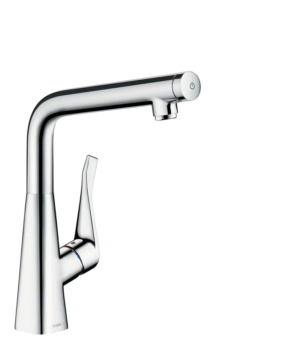 Hansgrohe Küchenmischer aus Chrom mit einem langen, geraden Auslauf und einem seitlichen Hebel zur Steuerung von Wasserhahn und Temperatur.